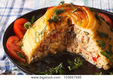 Cut Timbale Of Pasta Stuffed With Chicken, Mushrooms And Cheese
