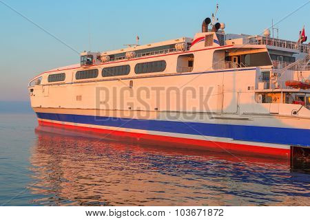 Ferryboat in the sea, close up view on broadside