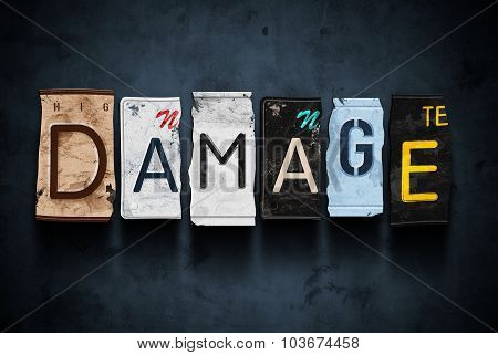 Damage Word On Vintage Car License Plates, Concept Sign