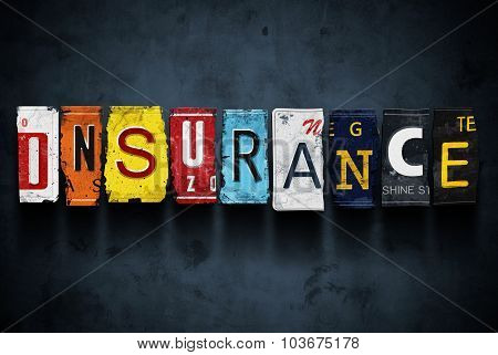 Insurance Word On Vintage Car License Plates, Concept Sign