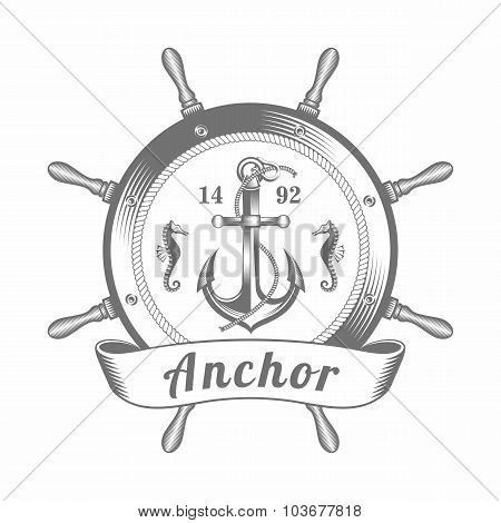 Black and white vector illustration emblem steering wheel anchor