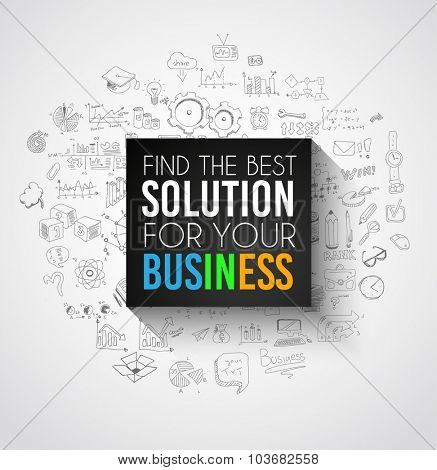 Best Solution for Your Business Slogan over a squared flat panel with soft shadow over an hand drawn doodles skeches collection of symbols, graphs, maths, infographics ans so on.