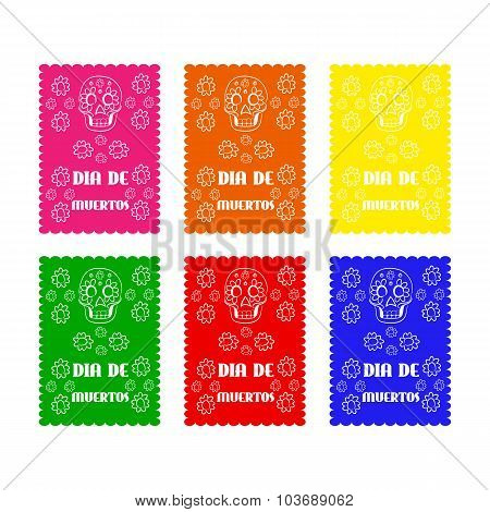 set colored poster paper in traditional Mexican style and patterns for backgrounds skulls, celebrati