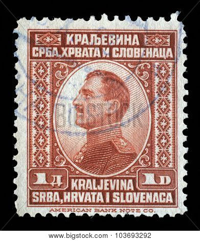 YUGOSLAVIA - CIRCA 1924: A stamp printed in Yugoslavia (Kingdom Serbia, Croatia and Slovenia) shows portrait of King Alexander I of Yugoslavia, series King Alexander I, circa 1924