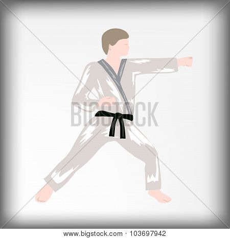 The karateka, the athlete, a punch, a combative rack, the person in a kimono
