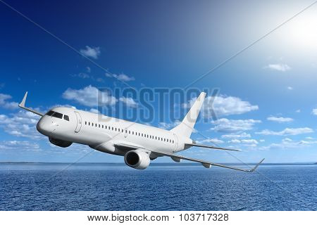 Passenger Airplane Flying Over Sea