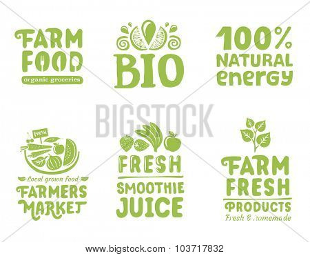 Set of organic writings, labels and icons for natural food 