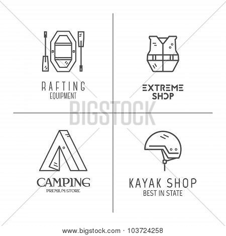 Collection of minimalistic rafting logos, labels or line badges. Outdoor adventure, monochrome desig