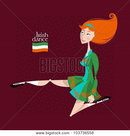 Dancing Irish Girl In Traditional Dress. St. Patrick's Day.