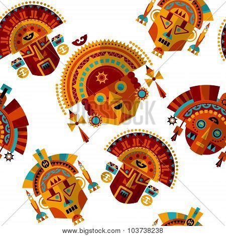Inca Tribal Masks. Seamless Background Pattern.