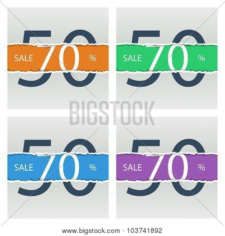 Set of sale posters with percent discount. Torn paper.