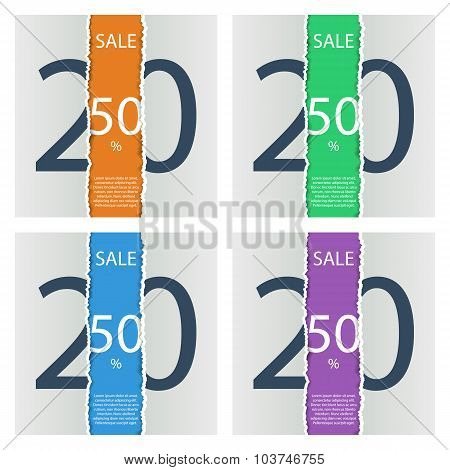 Set of sale posters with percent discount. Torn paper.