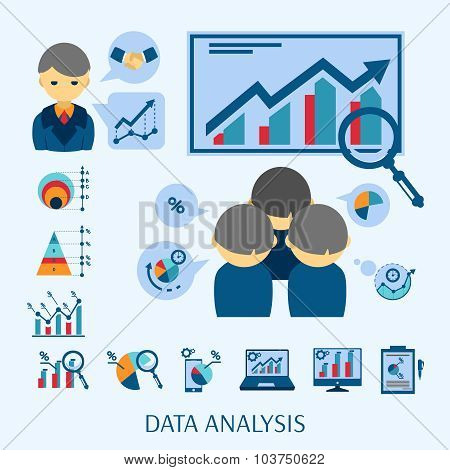 Data analysis concept flat icons composition