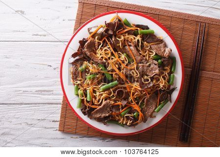 Chinese Noodles With Beef, Muer And Vegetables. Horizontal Top View