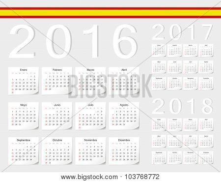 Set Of Spanish 2016, 2017, 2018 Vector Calendars