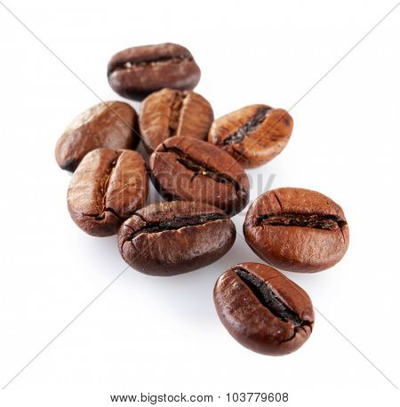 Brown coffee beans isolated on white