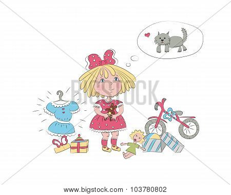 a little girl surrounded by toys dream about the dog birthday card, vector illustration