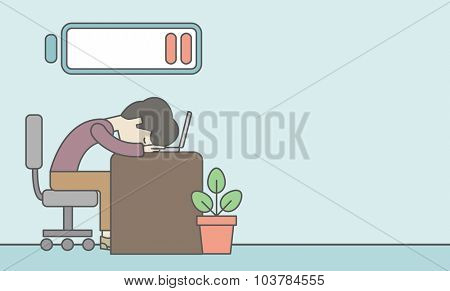 Tired employee sitting, lying on table with low power battery sign over his head. Vector line design illustration. Horizontal layout with a text space.