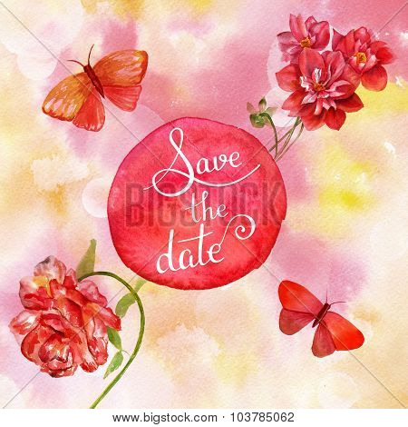 'save The Date' Retro Invitation Design With Flowers And Butterflies