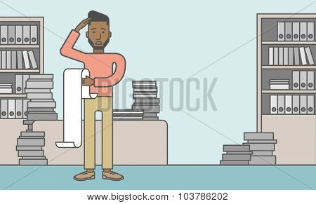 A worried african-american employee standing and holding a bill. Problem concept. Vector line design illustration. Square layout.