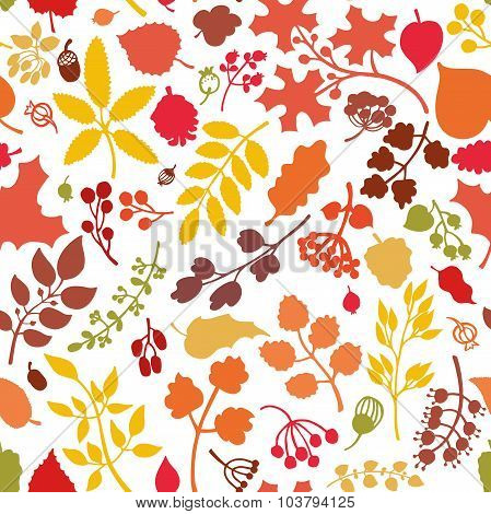 Autumn leaves,branches,berries seamless pattern.Fall silhouette