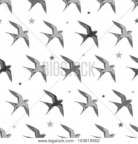 Vector Flying Martins and Swallows Birds Diagonal Seamless Pattern