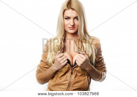 young woman in leather jacket