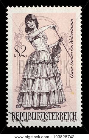 AUSTRIA - CIRCA 1970: A stamp printed in Austria, shows the operetta A Waltz Dream, by Oscar Straus, Famous Operettes series, circa 1970