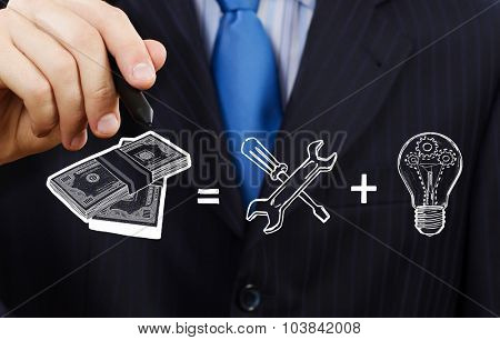 Close up of businessman drawing money making formula