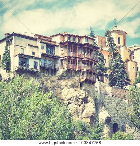 Hanging houses (Casas Colgadas) in Cuenca, Spain. Instagram style filtered image