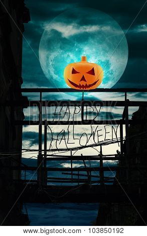 Halloween Pumpkin On Damaged Wooden Bridge, Halloween Background