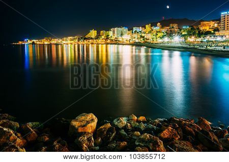 Night Scenery View Of Embankment, Seacoast, Beach In Benalmadena