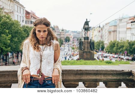 Bohemian Woman Tourist Standing On Wenceslas Square, Prague