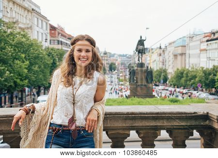 Hippy-looking Woman Tourist Standing On Wenceslas Square, Prague
