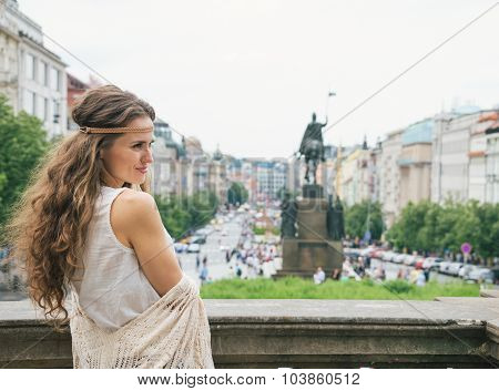 Hippy-looking Woman Tourist Standing On Wenceslas Square, Prague