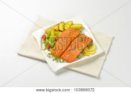 pan fried salmon fillets served with vegetable garnish on white plate and place mat