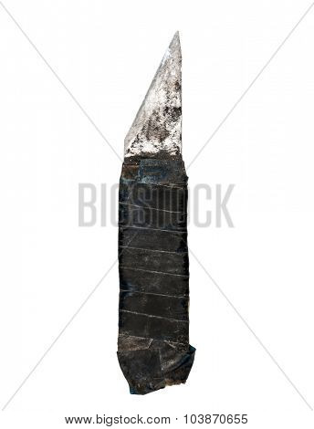 Rusty old knife with black handle on white background
