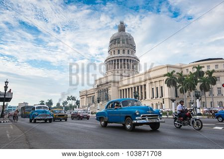 Classic American Car And Capitolio Landmark In Havana,cuba
