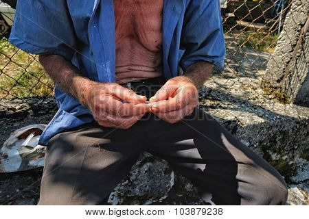 rolling by hands of cigarette without filter with tobacco cultivated on Lake Skadar near the border with Albania, Montenegro