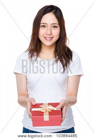 Asian young woman hold with prsent box