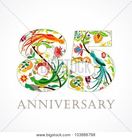 85 years old luxurious celebrating folk logo. Template colored 85 th happy anniversary greetings, ethnics flowers, plants, paradise birds. Traditional decorative congratulation in various colors. Set.