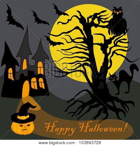 House Halloween Haunted Tree Owl Bat Pumpking Card Banner