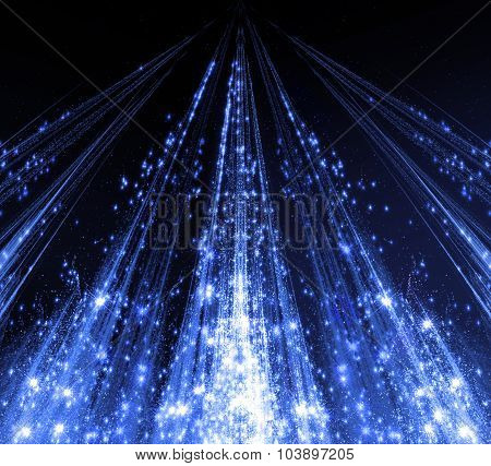 Abstraction with laser beams and flare sparks and the stars are shining in the darkness, blue monoch