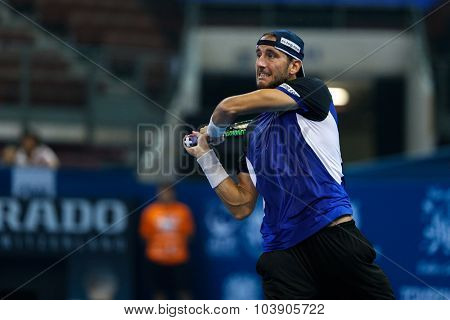 KUALA LUMPUR, MALAYSIA - SEPTEMBER 26, 2015: Luca Vanni of Italy plays his qualifying match in the Malaysian Open 2015 Tennis tournament held at the Putra Stadium, Malaysia.