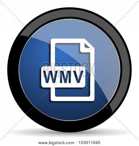 wmv file blue circle glossy web icon on white background, round button for internet and mobile app 