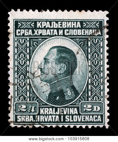 YUGOSLAVIA - CIRCA 1924: A stamp printed in Yugoslavia (Kingdom Serbia, Croatia and Slovenia) shows portrait of King Alexander I of Yugoslavia, series King Alexander I, circa 1924