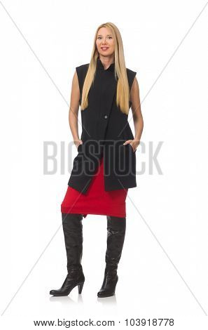 Pretty young girl in bordo skirt isolated on white