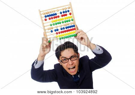Angry accountant with abacus isolated on white