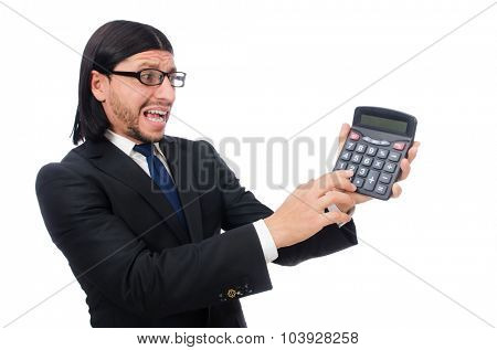 Man with calculator isolated on white