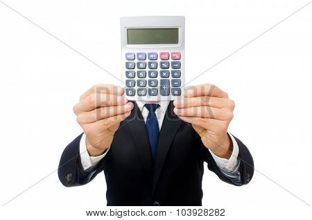 Man with calculator isolated on white